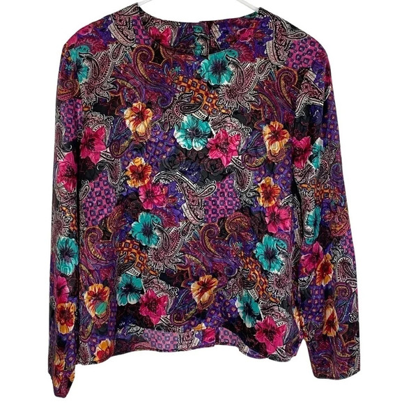Vintage 90s Floral Blouse 14 XL Satin Long Sleeve Granny Paisley Shoulder Pads - Picture 1 of 12
